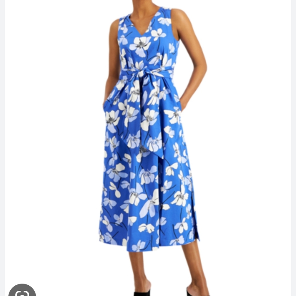 New Anne Klein Petite Floral-Print MIDI Dress - Blue Lapis/ Nyc White, PS